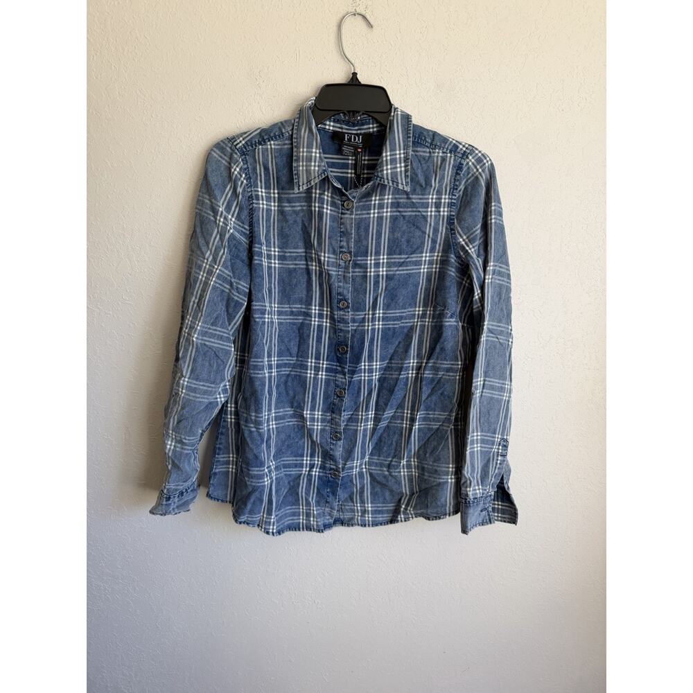 NWT FDJ French Dressing Jeans Blue White Plaid Button Down Blouse Womens 4